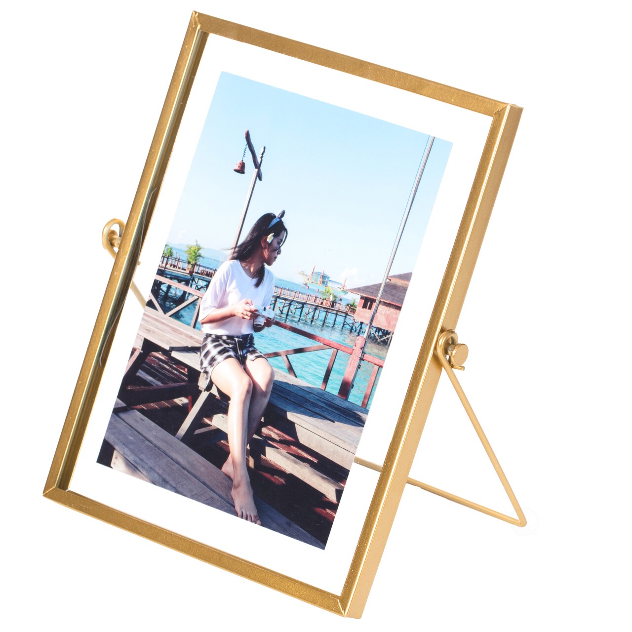 Modern Metal Floating Tabletop Photo Picture Frame with Glass Cover and Easel Stand